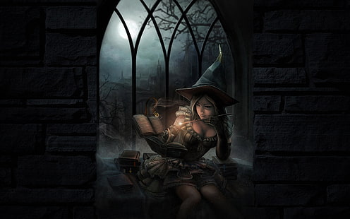 arte, ragazze, libri, oscurità, fantasia, ragazza, halloween, magia, incantesimo, strega, donne, Sfondo HD HD wallpaper