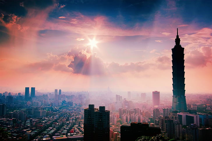 Taiwan, province de Chine, Taiwan, province de Chine, gratte-ciel de la ville de Taipei, Taipei 101, après la pluie, été, soleil, Fond d'écran HD