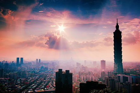 Тайвань, провинция Китая, Тайвань, провинция Китая, город небоскреб Тайбэй, Тайбэй 101, после дождя, лета, солнца, HD обои HD wallpaper