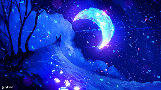 Anime, oryginał, kot, księżyc, drzewo, Tapety HD HD wallpaper