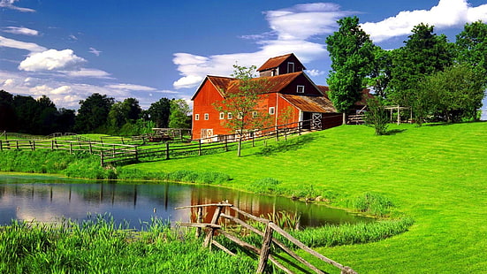 Върмонт, фермерска къща, ферма, къща, трева, плевня, езерце, езеро, Нова Англия, селски район, САЩ, селски живот, провинция, HD тапет HD wallpaper
