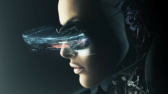 carta da parati robot grigia, arte digitale, occhi, cyberpunk, Sfondo HD HD wallpaper