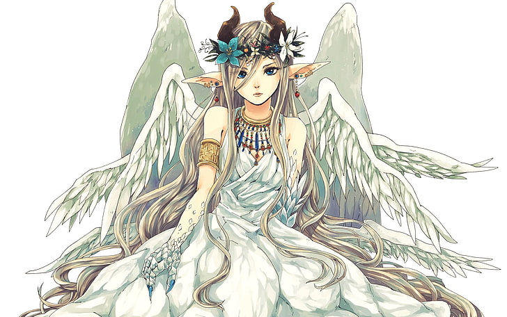 светлые волосы женщина ангел аниме персонаж цифровые обои, фэнтези арт, ангел, белый, оригинальные персонажи, платье, HD обои