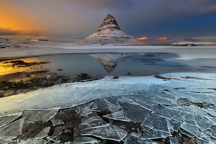 body of water, nature, landscape, mountains, Iceland, snow, winter, ice, water, sunset, clouds, reflection, Kirkjufell, HD wallpaper