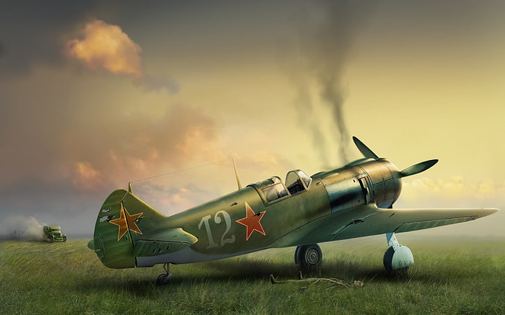 Lavochkin La-5 그림, 잔디 필드 디지털 벽지에 녹색 단일 프로펠러 비행기를 난파, 항공기 / 비행기, 비행기, 항공기, HD 배경 화면