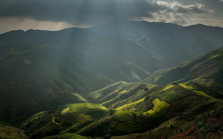 nature landscape rice paddy sun rays mountain terraces field clouds mist valley vietnam, HD wallpaper