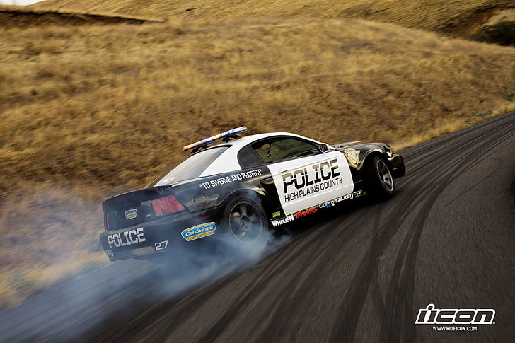 white and black Police car game screengrab, car, muscle cars, drift, pursuit, icon, Ford Mustang, police, police cars, HD wallpaper