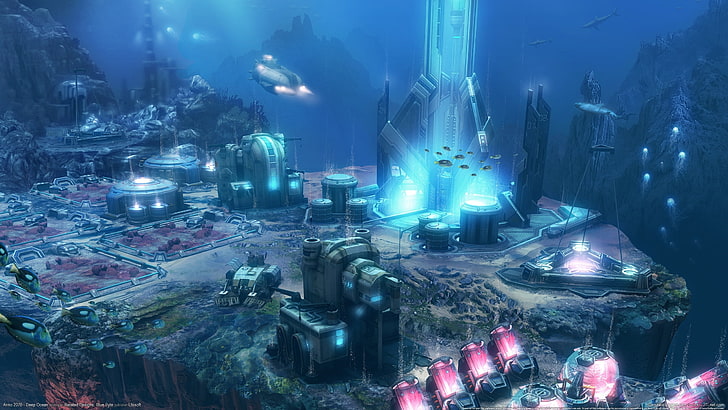 иллюстрация подводного города, произведения искусства, архитектура, цифровое искусство, Anno 2070, глубокое море, подводный, футуристический, подводная лодка, рок, футуристический город, HD обои