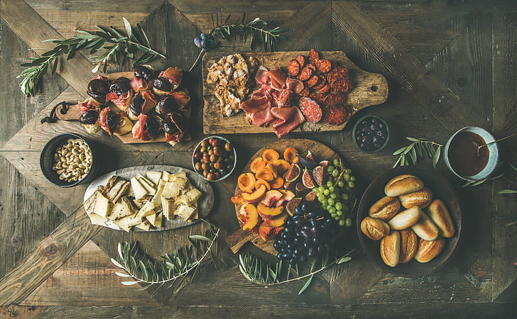 food, still life, cutting board, grapes, fig, olives, bread, meat, HD wallpaper