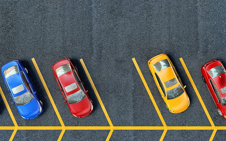 Vista superior da área de estacionamento, pavimento, linhas amarelas, carros azuis vermelhos amarelos, Estacionamento, Área, Topo, Modo de exibição, Pavimento, Amarelo, Linhas, Vermelho, Azul, Carros, HD papel de parede