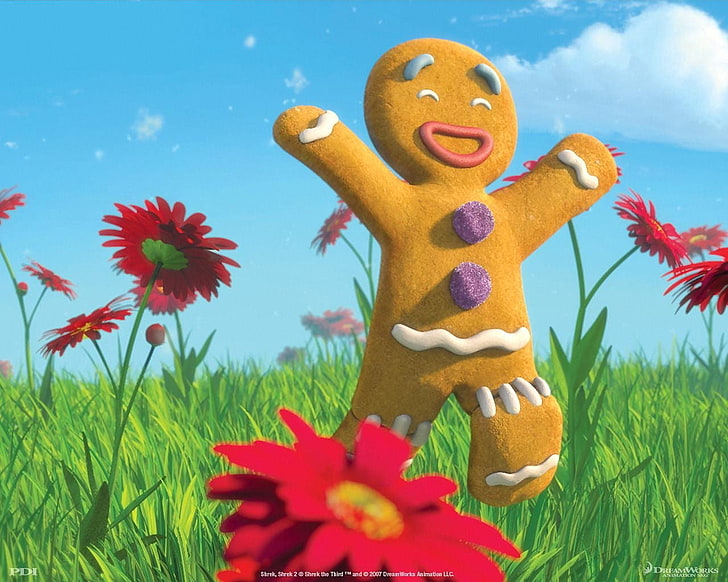 ginger bread running on grass field illustration, meadow, Shrek, cookie, HD wallpaper