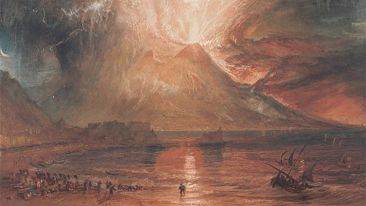 volcán cerca del cuerpo de agua pintura, pintura, montañas, volcán, erupción, barco, J. M. W. Turner, Fondo de pantalla HD