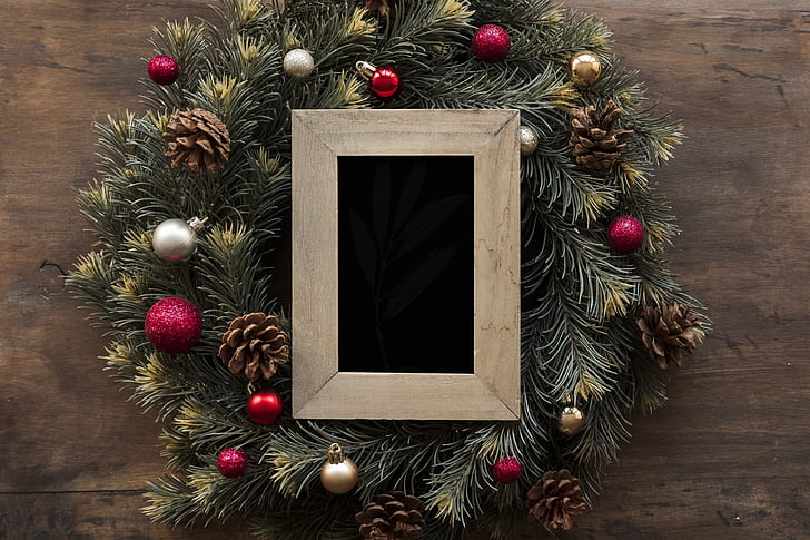 decoration, frame, New Year, Christmas, wreath, wood, Merry, fir tree, fir-tree branches, HD wallpaper