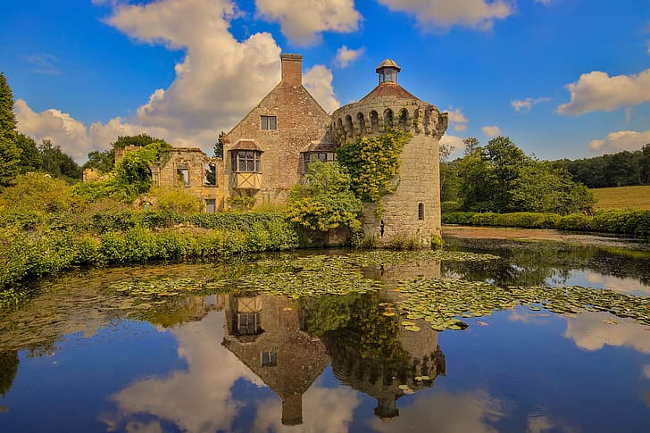 the sky, lake, reflection, castle, vegetation, England, Kent, Scotney Castle, HD wallpaper