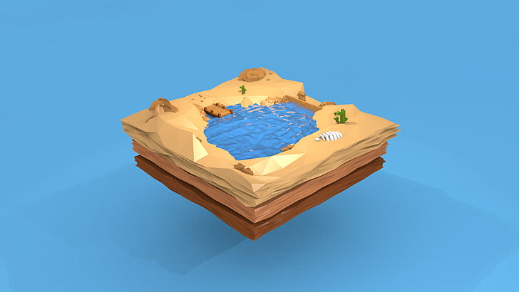коричневый и синий водоем окружен песочной миниатюрой, плавучим островом, оазисом, скелетом, водой, камнями, HD обои
