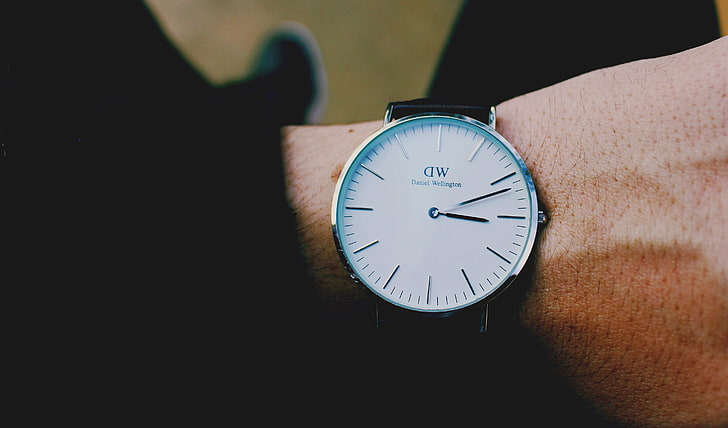 round silver-colored Daniel Wellington analog watch with black leather band, wrist watch, dial, style, HD wallpaper