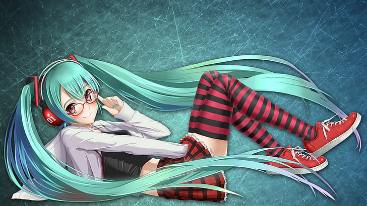 knee-highs, anime girls, dyed hair, meganekko, blue hair, Hatsune Miku, lying down, long hair, Vocaloid, twintails, anime, striped, plaid, headphones, stockings, skirt, painted nails, women with glasses, glasses, HD wallpaper