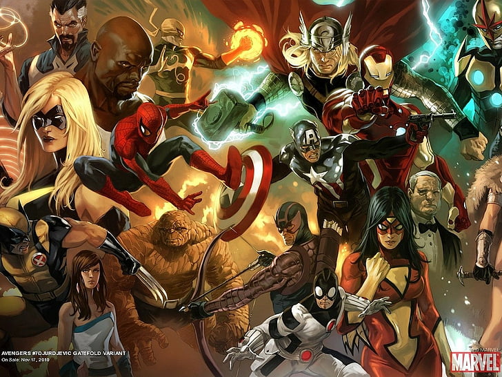 The Avengers, Avengers, Captain America, Hawkeye, Iron Fist, Iron Man, Marvel Comics, Ms. Marvel, Nova (Marvel Comics), Spider-Man, Thing (Marvel Comics), Thor, Wolverine, HD wallpaper