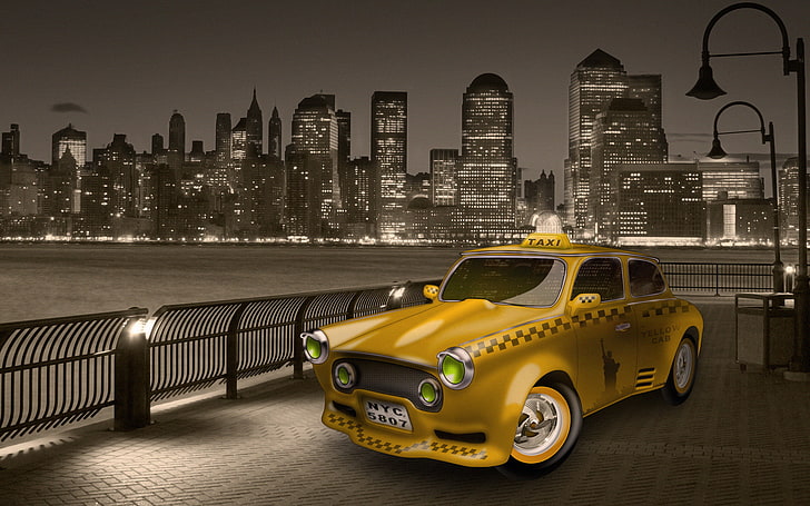 The Road From New Jersey, architecture, cars, city, cityscape, digitalcomposition, newjersey, newyork, sepiatone, skyline, taxi, yellow, HD wallpaper