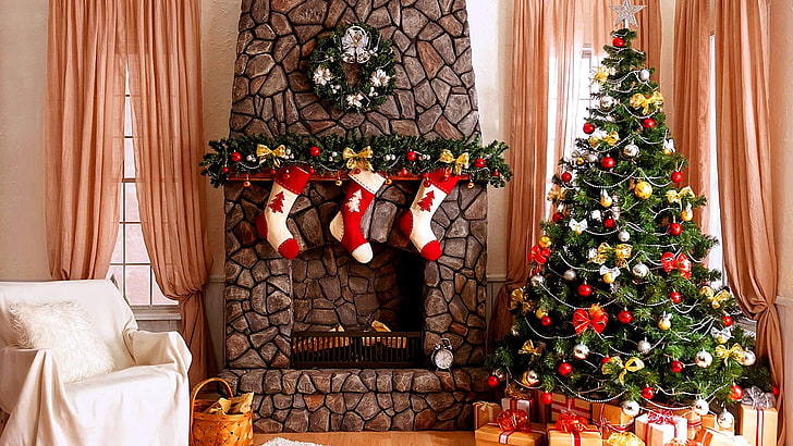 christmas, christmas tree, christmas gift, room, fireplace, christmas decoration, tradition, decor, home, holiday, christmas ornament, event, interior design, window, HD wallpaper