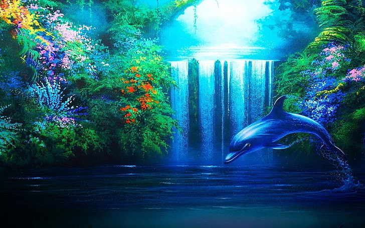 delfini blu che saltano dall'acqua sfondo digitale, animale, delfino, Sfondo HD