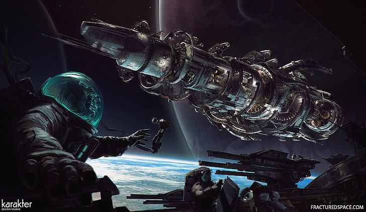 schwarzes und graues Raumschiff, Grafik, digitale Kunst, Raumstation, Astronaut, Raum, Planet, zerbrochener Raum, HD-Hintergrundbild