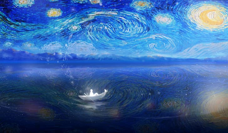 Vincent van Gogh, starry night, boat, Cat Goomba, Soul of Cinder, Blue 2, river, The Underworld, hiLiuyun, HD wallpaper