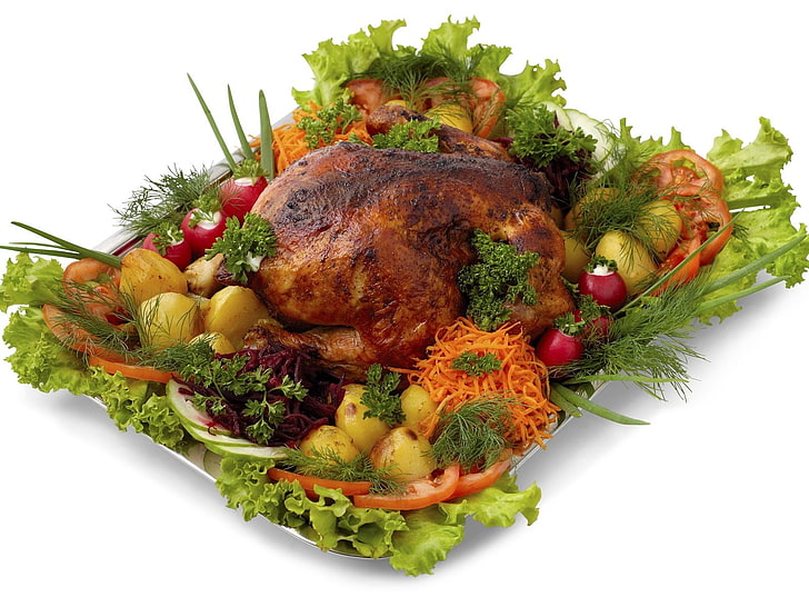 roasted chicken with vegetables, chicken, tray, potatoes, greens, vegetables, laying, HD wallpaper