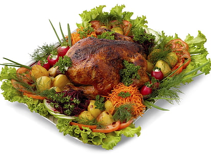 жареная курица с овощами, курица, поднос, картофель, зелень, овощи, кладка, HD обои HD wallpaper