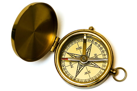 round gold-colored compass, gold, white background, compass, HD wallpaper HD wallpaper