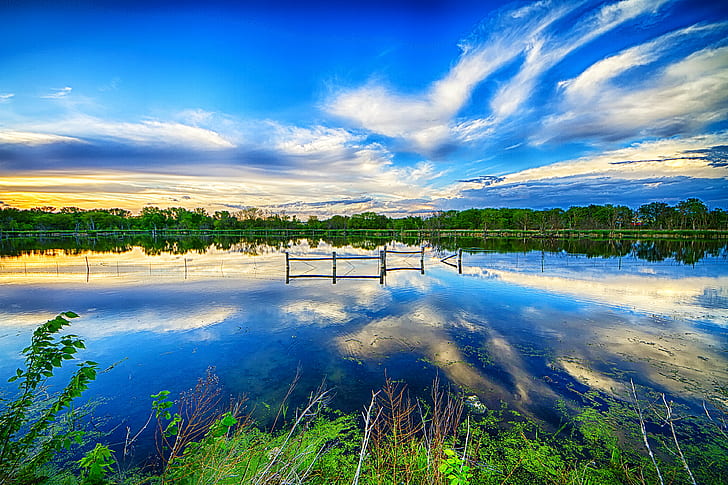 calm body of water overlooking trees under cloudy sky at daytime, body of water, trees, cloudy, sky, daytime, Baker Wetlands, Wakarusa River, Lawrence, Kansas, nature, sunset, outdoors, lake, landscape, water, reflection, summer, HD wallpaper