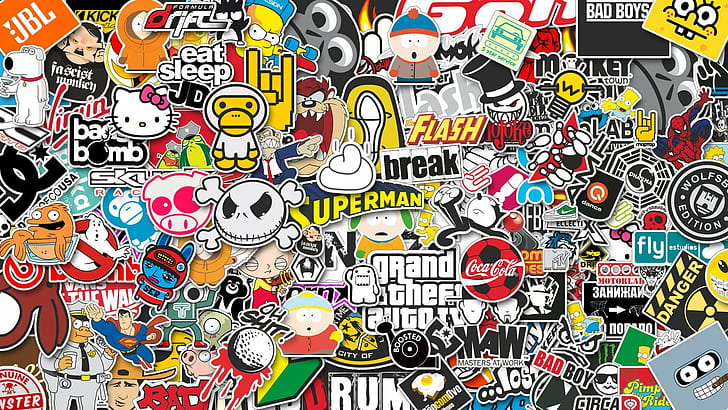 assorted vinyl sticker lot, logo, icons, artwork, HD wallpaper