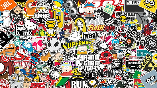 assorted vinyl sticker lot, logo, icons, artwork, HD wallpaper HD wallpaper