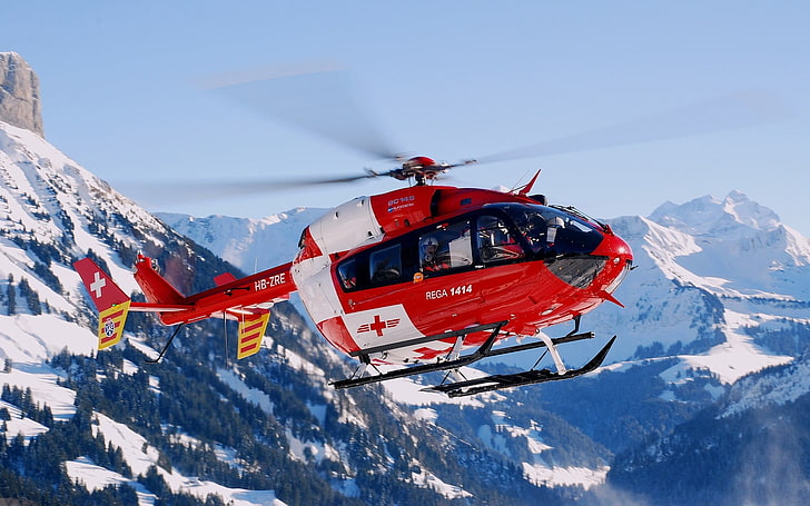 red and white helicopter, rescue helicopter, sky, mountains, flying, helicopter, HD wallpaper
