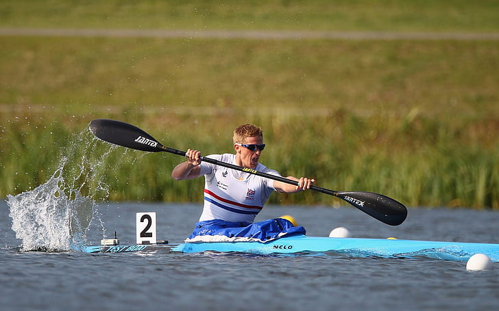 Paul Wycherley, men's blue, red, and white jersey; black boat paddle; and blue kayak, london, olympics, athelete, canoe, HD wallpaper