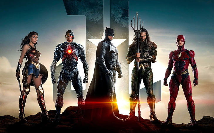 Poster Justice League, Justice League, Wonder Woman, Batman, Aquaman, The Flash, Cyborg, Ben Affleck, Jason Momoa, Gal Gadot, Ezra Miller, Ray Fisher, Wallpaper HD