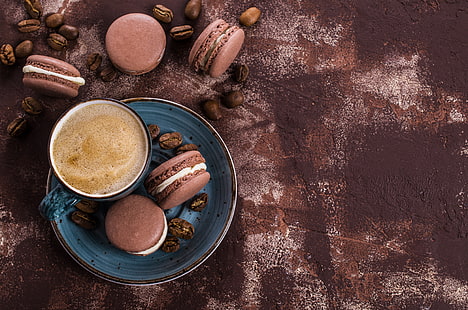 coffee, cookies, Cup, cream, dessert, cakes, sweet, coffee cup, macaron, almond, macaroon, HD wallpaper HD wallpaper