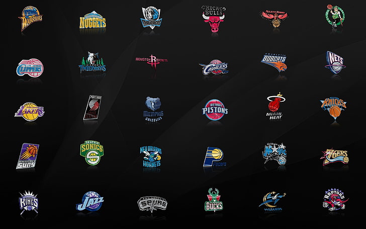 NBA team digital wallpaper, Logo, Jazz, NBA, Lakers, Rockets, Bulls, Nuggets, Magic, Mavericks, Hornets, Kings, Knicks, Golden State Warriors, Cavaliers, Suns, Bucks, Hawks, Grizzlies, Supersonics, Pistons, Raptors, Clippers, Nets, Seventy Sixers, Celtics, Trailblazers, Timber wolves, Pacers, Wizards, Spurs, Bobcats, HD wallpaper