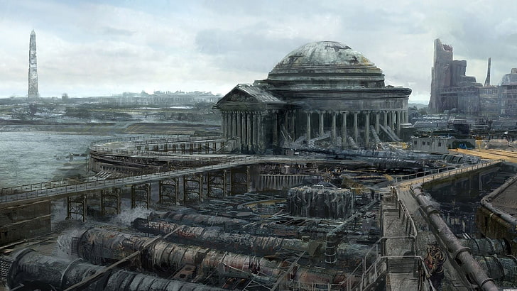 gray concrete dome building, Fallout, Fallout 3, video games, concept art, apocalyptic, artwork, Washington, D.C., HD wallpaper