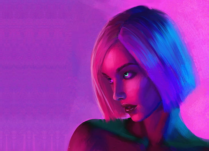 women, artwork, Tony Skeor, synthwave, cyberpunk, face, bare shoulders, short hair, red lipstick, HD wallpaper