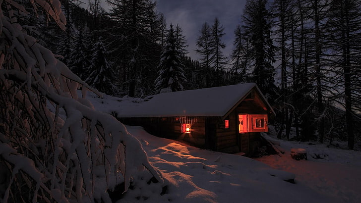 snow, winter, nature, sky, tree, twilight, log cabin, night, wilderness, light, house, darkness, evening, mountain, cabin, HD wallpaper