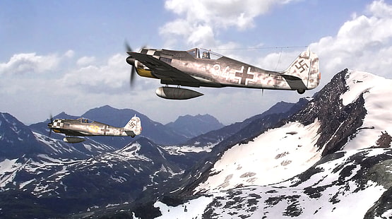 avión de combate gris y blanco, el cielo, nieve, montañas, figura, tops, arte, cazabombarderos, Focke Wulf, Fw-190, WW2, alemán, Fondo de pantalla HD HD wallpaper