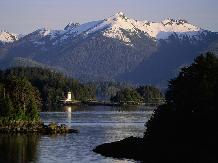 casa in cemento blu e bianco, natura, montagne, isola, Alaska, faro, paesaggio, Sfondo HD