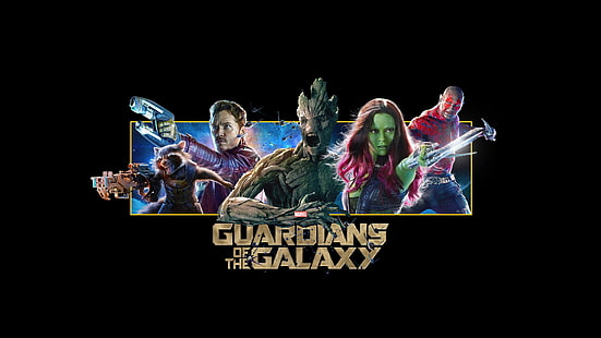 Illustrazione di Guardiani della Galassia, Guardiani della Galassia, tipografia, fumetti Marvel, sfondo nero, Sfondo HD HD wallpaper