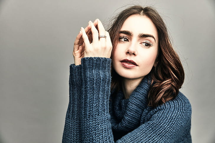 women, sweater, brunette, Lily Collins, eyebrows, long eyelashes, pullover, HD wallpaper