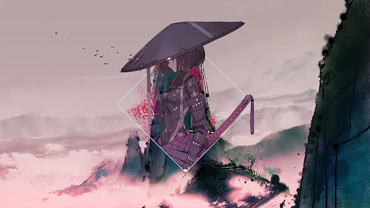 anime girls, anime, samurai mujer, samurai, landscape, digital art, photoshopped, picture-in-picture, abstract, HD wallpaper