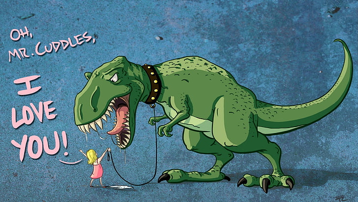 illustration de tyrannosaure vert avec superposition de texte, sans titre, oeuvre d'art, humour, dinosaures, T-Rex, Tyrannosaurus rex, enfants, humour noir, Fond d'écran HD