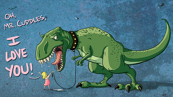 illustration de tyrannosaure vert avec superposition de texte, sans titre, oeuvre d'art, humour, dinosaures, T-Rex, Tyrannosaurus rex, enfants, humour noir, Fond d'écran HD HD wallpaper