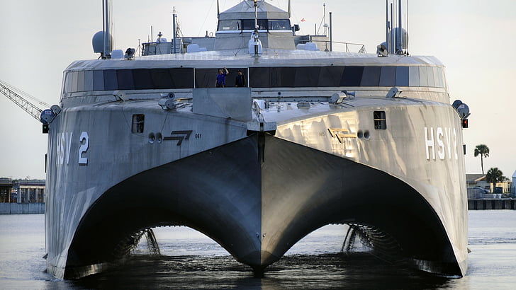 gray and black military battle ship, HSV-2 Swift, catamaran, U.S. Navy, High Speed Vessel, USAV, U.S. Army, sea, HD wallpaper
