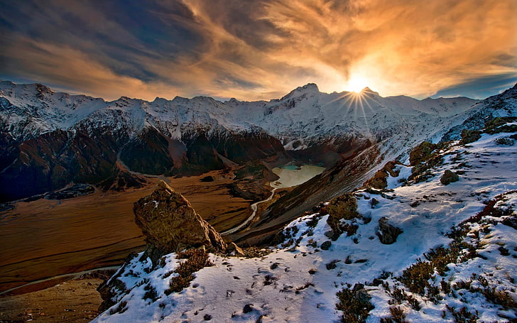 weiße und schwarze abstrakte Malerei, Natur, Landschaft, Sonnenuntergang, Schnee, Berge, HD-Hintergrundbild
